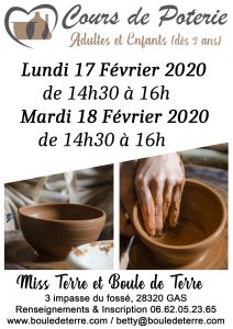 cours de poterie vacances scolaire février 2020