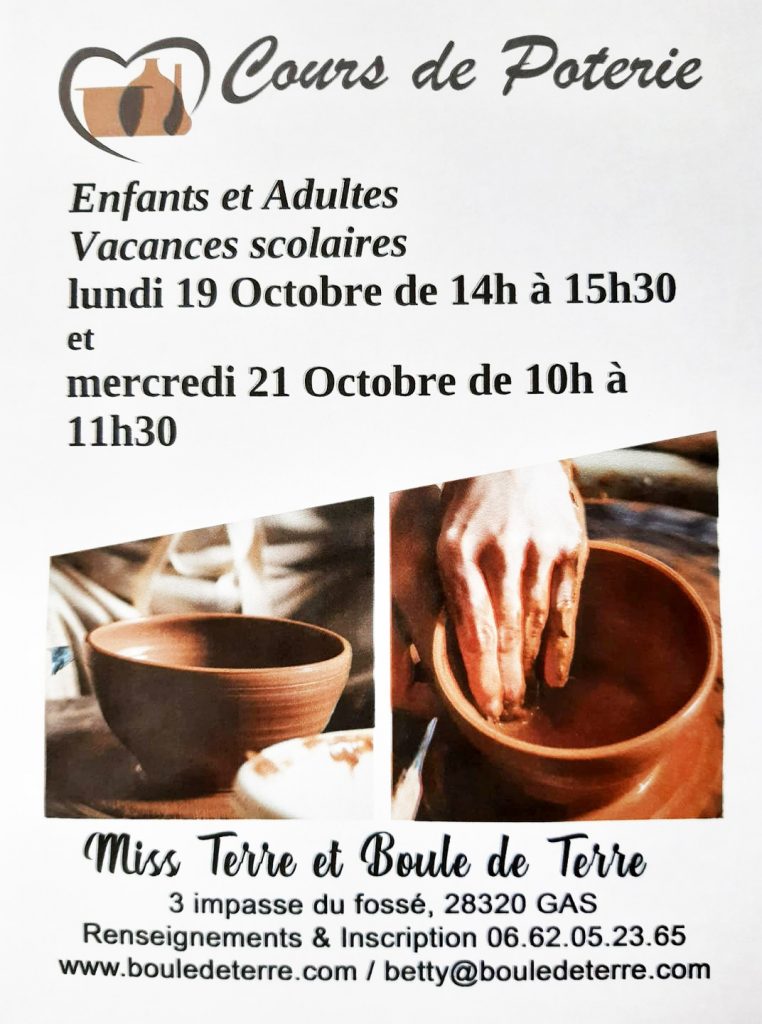 affiche cours de poterie adultes et enfants toussaint 2020