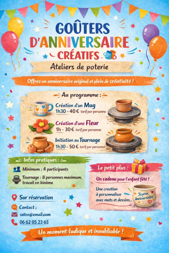 activité poterie pour un anniversaire d’enfant'enfant anniversaire enfant activité poteie